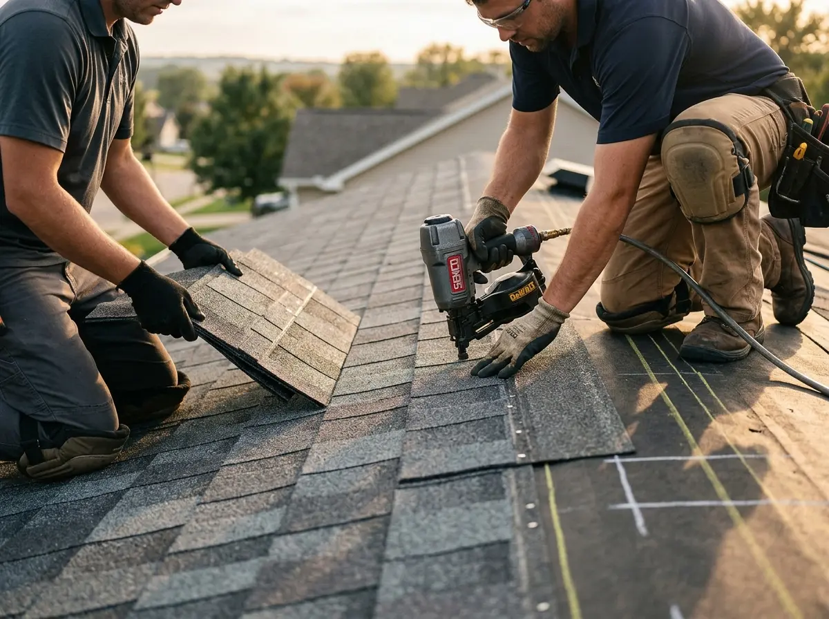 Professional roofer working on a residential roof in Urbana